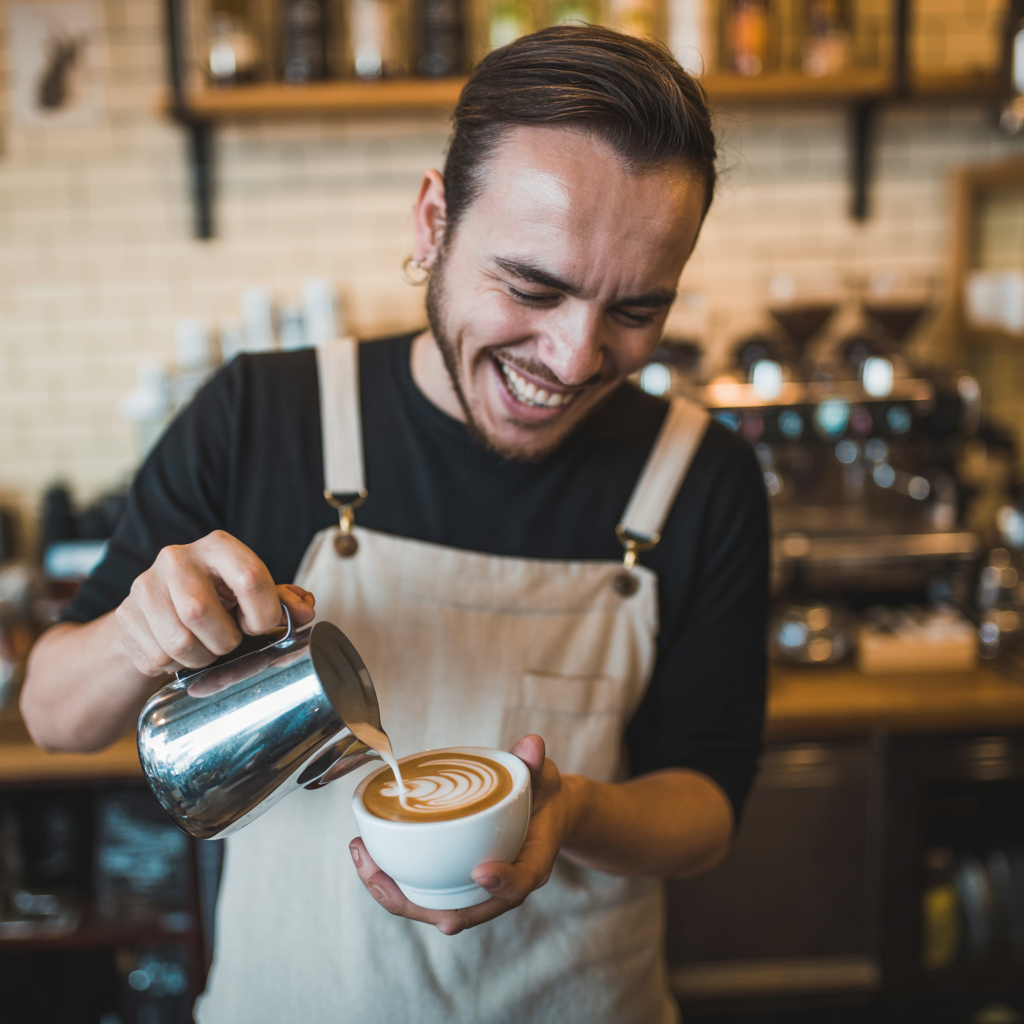 Ideogram V3 Quality: A barista in a linen apron laughing while pouring latte art, warm cafe interior, shallow depth of field, candid editorial style