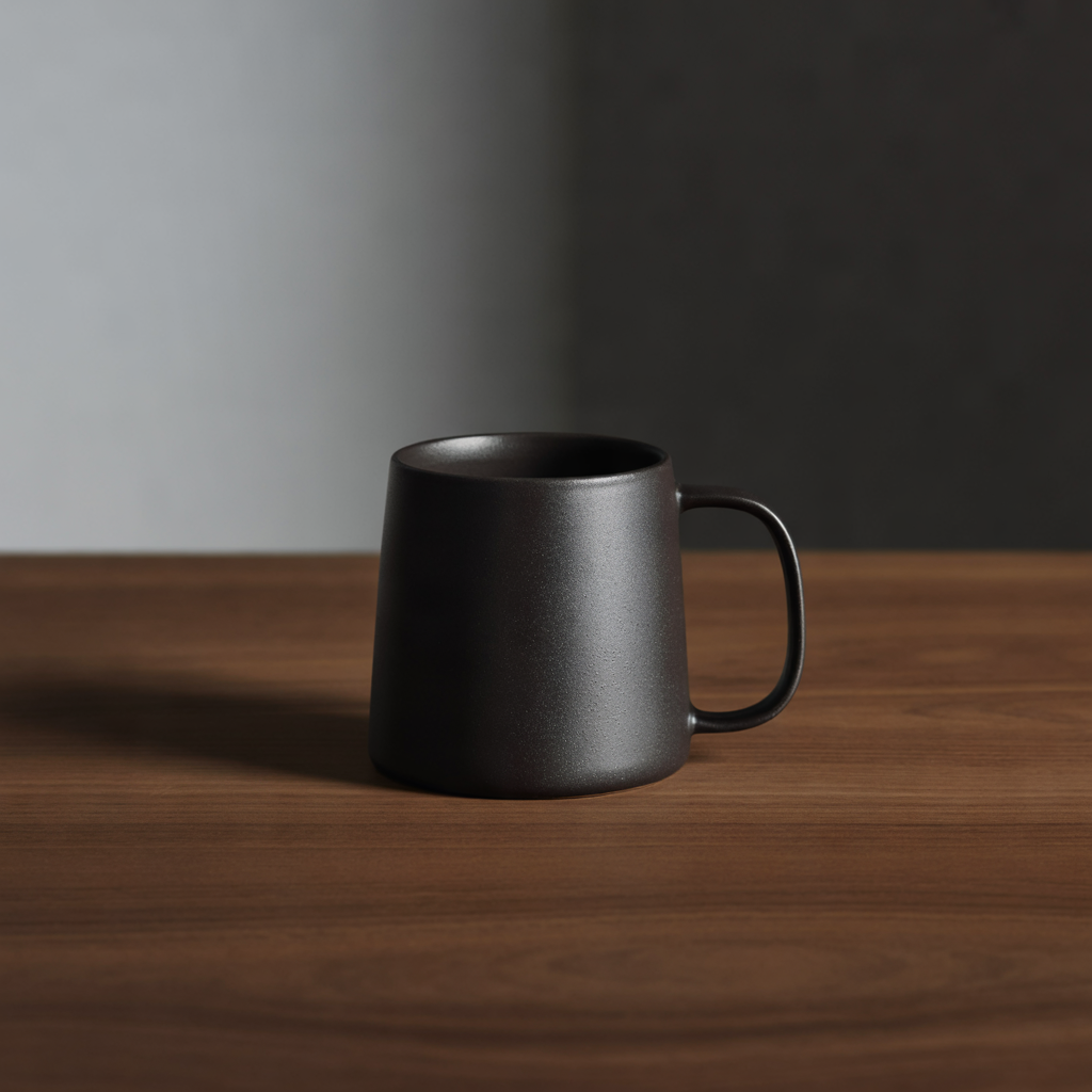 Ideogram V3 Quality: A matte black ceramic coffee mug on a walnut table, single soft light from the left, minimal studio backdrop, product photography