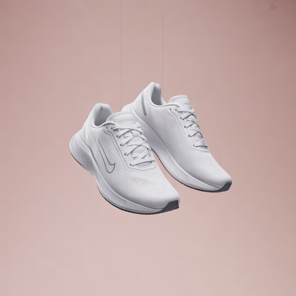 Ideogram V3 Quality: A pair of white running shoes floating mid-air over a pastel pink background, even studio lighting, catalogue shot