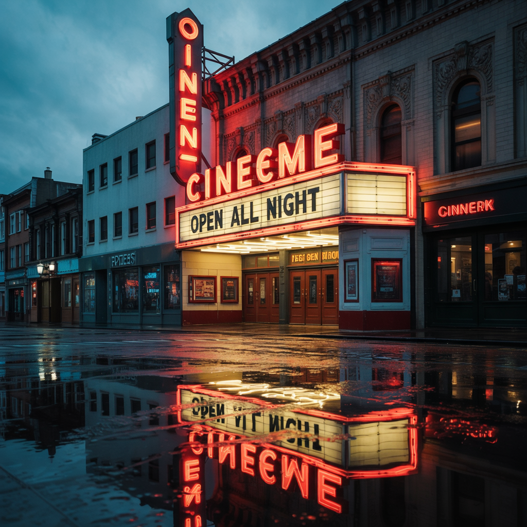Ideogram V3 Quality: A vintage cinema marquee at dusk with the words OPEN ALL NIGHT in bold red letters, neon glow, wet street reflections
