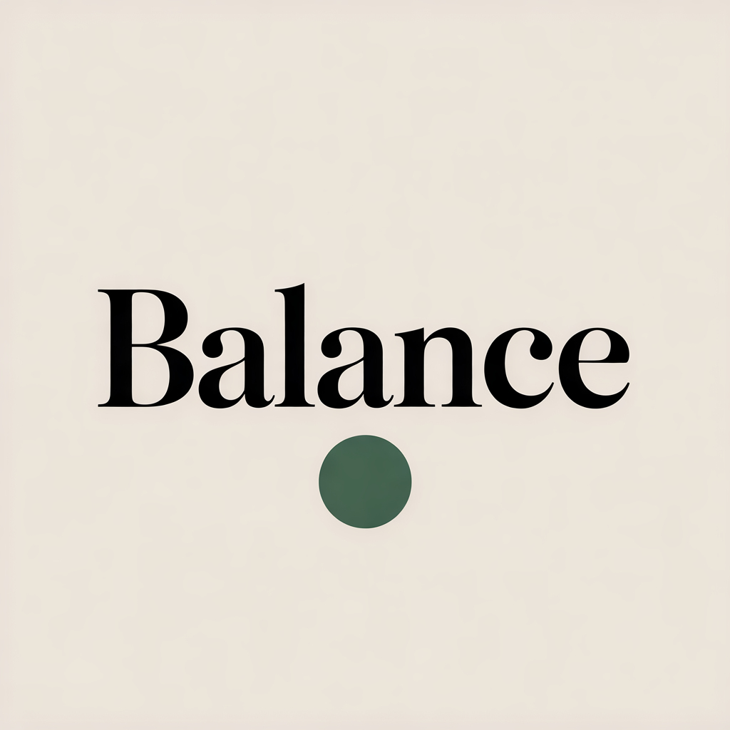 Ideogram V3 Quality: A minimalist poster with the single word BALANCE in large serif type centred on cream paper, one small green circle below the word