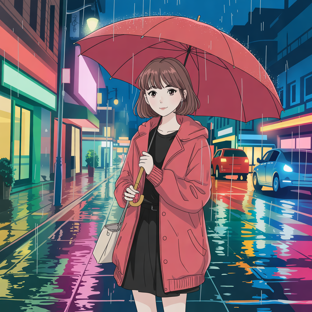 Ideogram V3 Quality: Anime-style illustration of a young woman with a red umbrella standing on a rainy city street at night, cel shading, vibrant neon reflections
