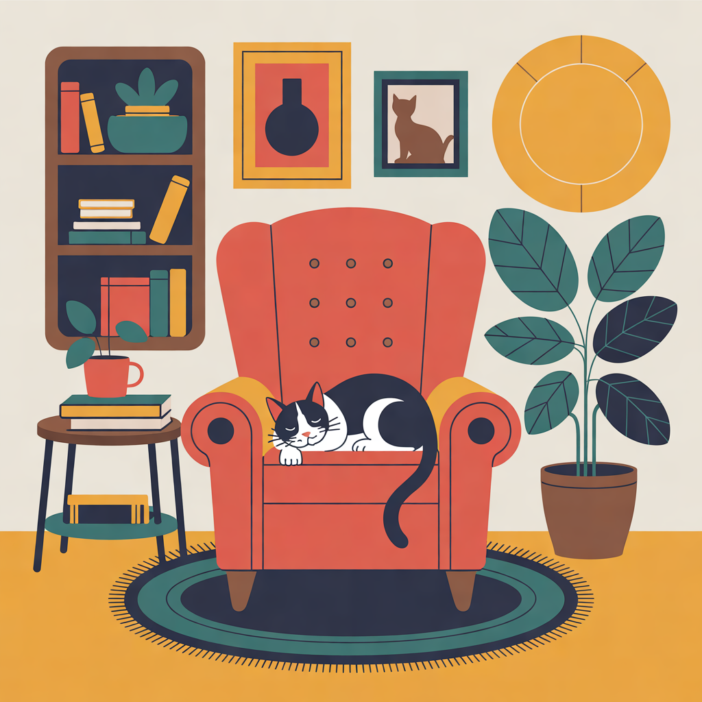 Ideogram V3 Quality: Flat vector illustration of a cosy reading nook with a cat asleep on an armchair, limited palette of four colours, clean geometric shapes