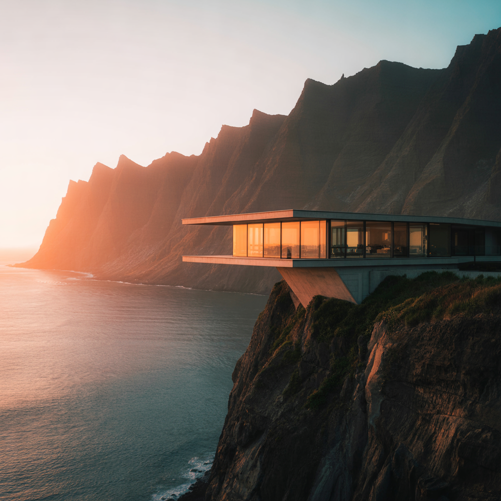 Ideogram V3 Quality: A modern glass house on a cliff at golden hour, long shadows, calm ocean below, architectural photography