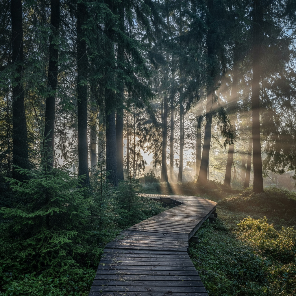 Ideogram V3 Quality: Misty pine forest at dawn with rays of light through the trees and a narrow wooden boardwalk, wide angle