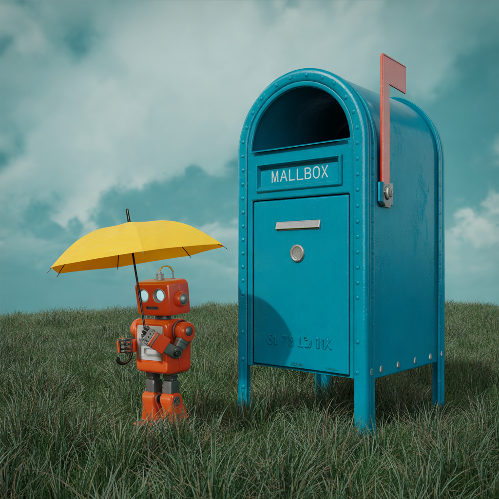 Ideogram V3 Quality: A small orange robot holding a yellow umbrella standing to the left of a tall blue mailbox, overcast day, photoreal