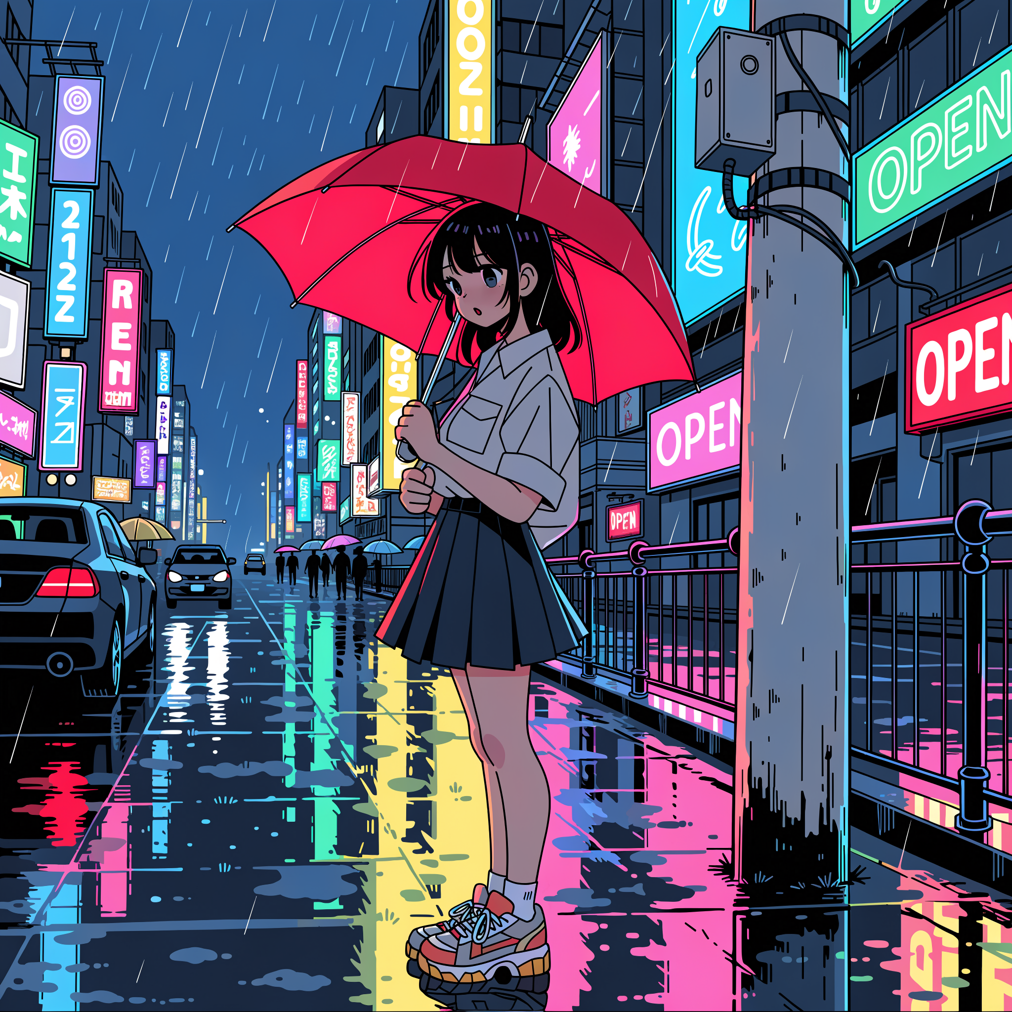 Recraft V4.1 Pro: Anime-style illustration of a young woman with a red umbrella standing on a rainy city street at night, cel shading, vibrant neon reflections