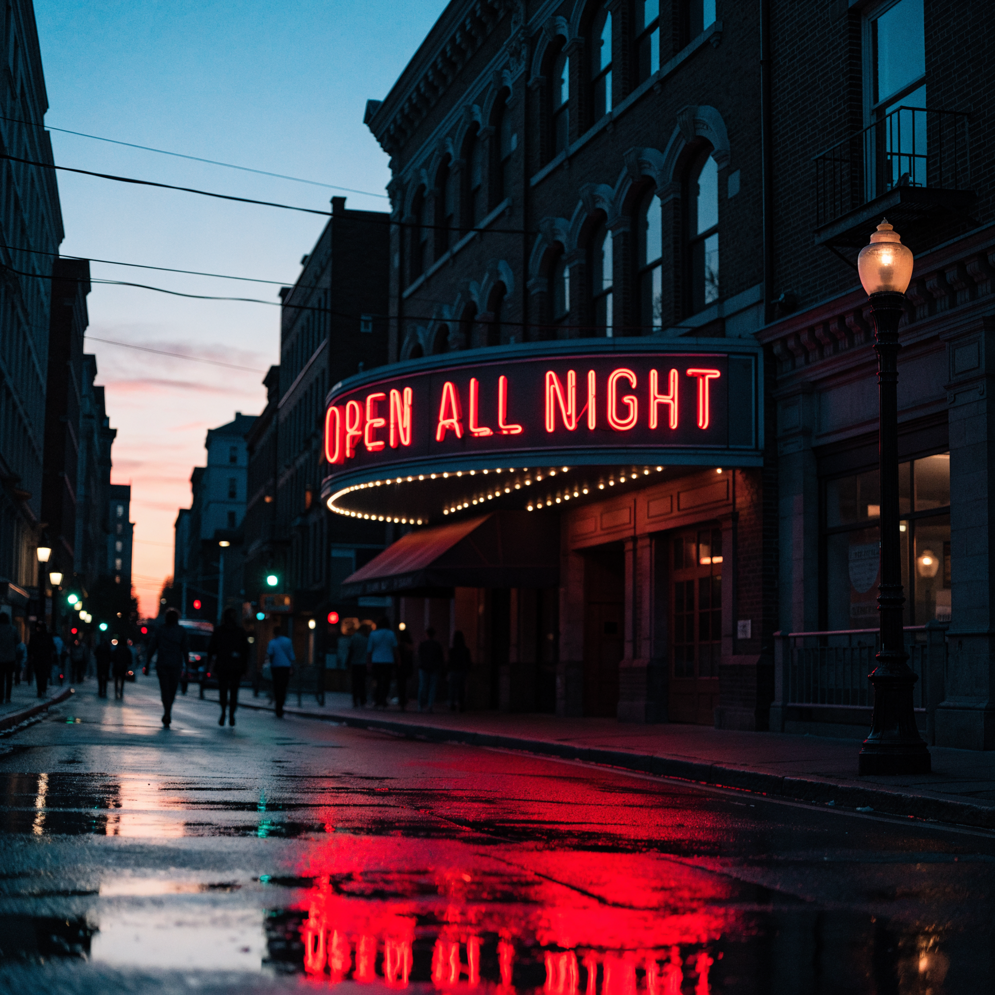 Recraft V4.1 Pro: A vintage cinema marquee at dusk with the words OPEN ALL NIGHT in bold red letters, neon glow, wet street reflections