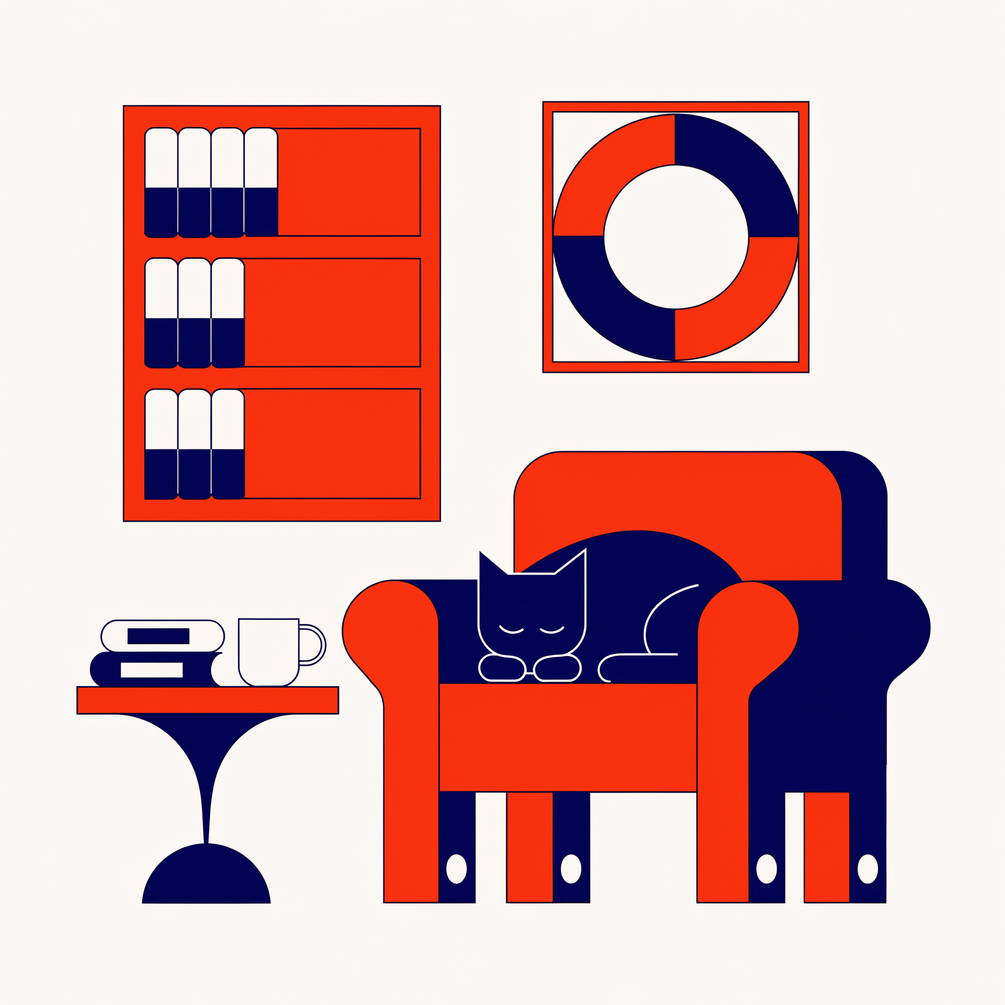 Recraft V4.1 Pro: Flat vector illustration of a cosy reading nook with a cat asleep on an armchair, limited palette of four colours, clean geometric shapes