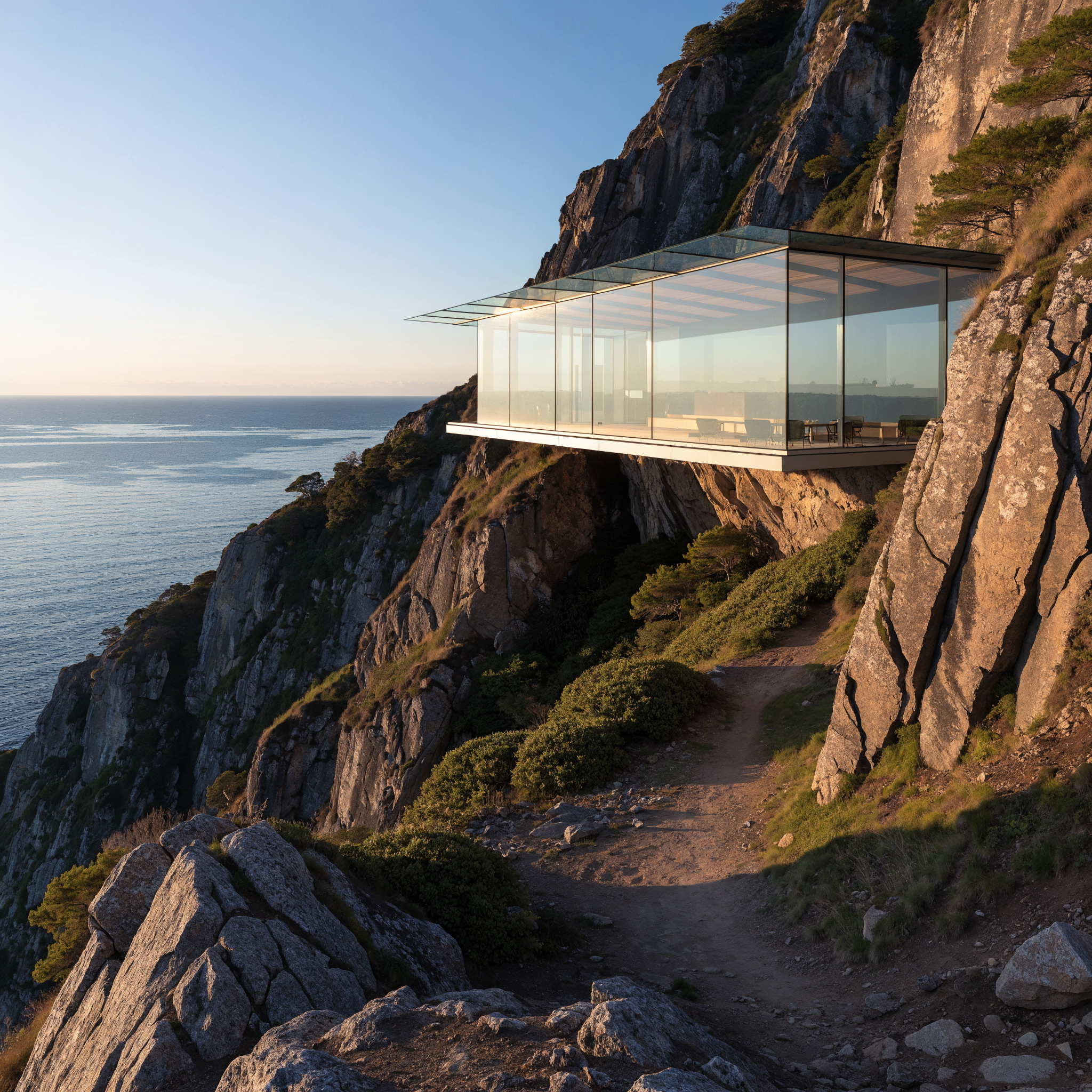 Recraft V4.1 Pro: A modern glass house on a cliff at golden hour, long shadows, calm ocean below, architectural photography