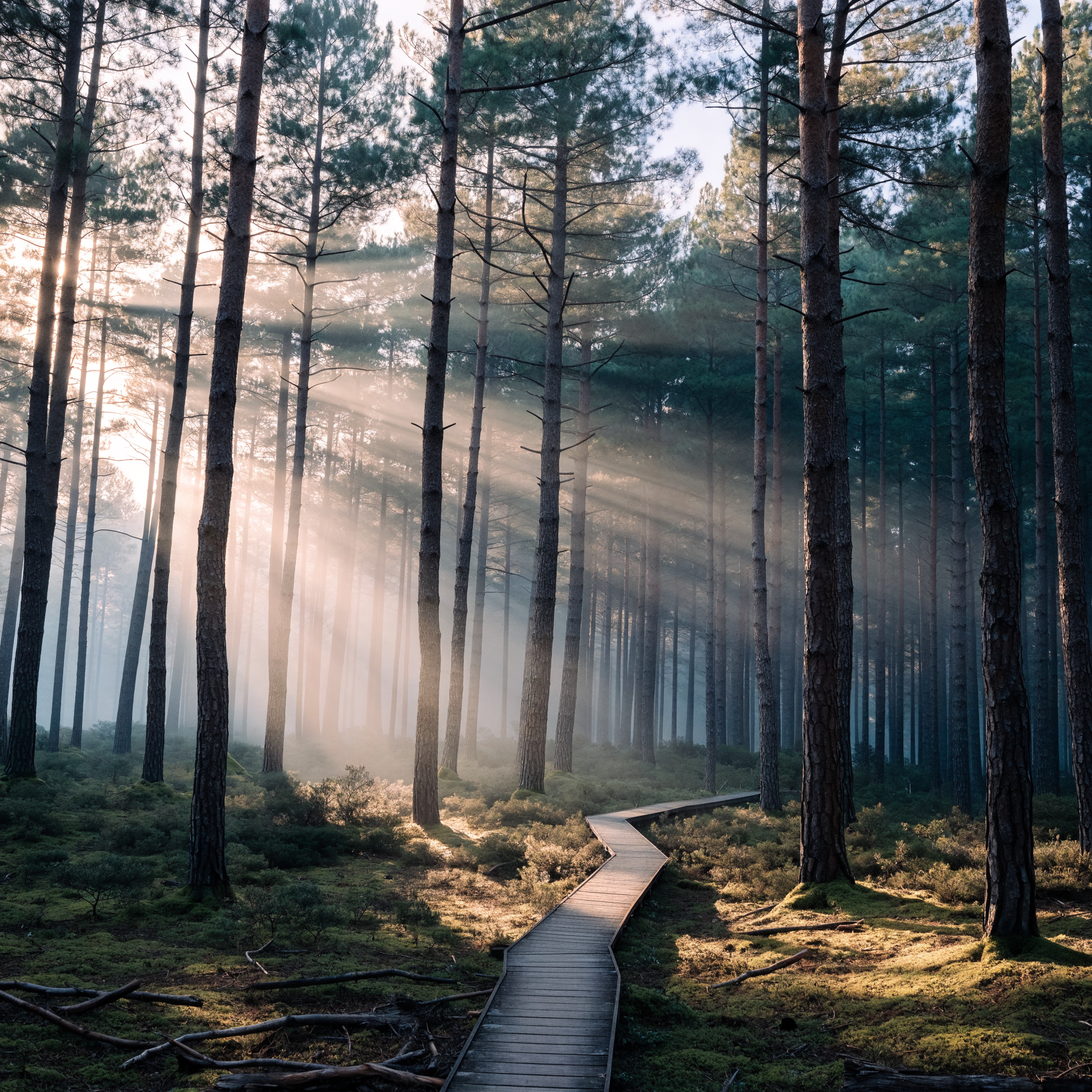 Recraft V4.1 Pro: Misty pine forest at dawn with rays of light through the trees and a narrow wooden boardwalk, wide angle