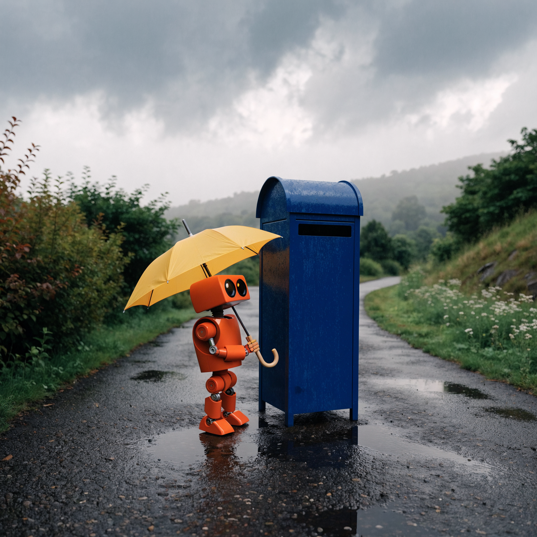 Recraft V4.1 Pro: A small orange robot holding a yellow umbrella standing to the left of a tall blue mailbox, overcast day, photoreal