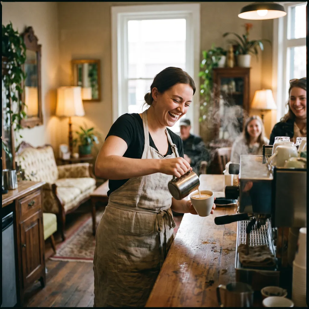 Riverflow 2.0 Pro: A barista in a linen apron laughing while pouring latte art, warm cafe interior, shallow depth of field, candid editorial style