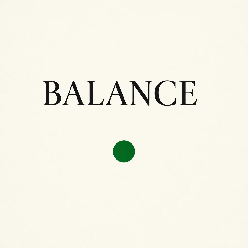 Riverflow 2.0 Pro: A minimalist poster with the single word BALANCE in large serif type centred on cream paper, one small green circle below the word