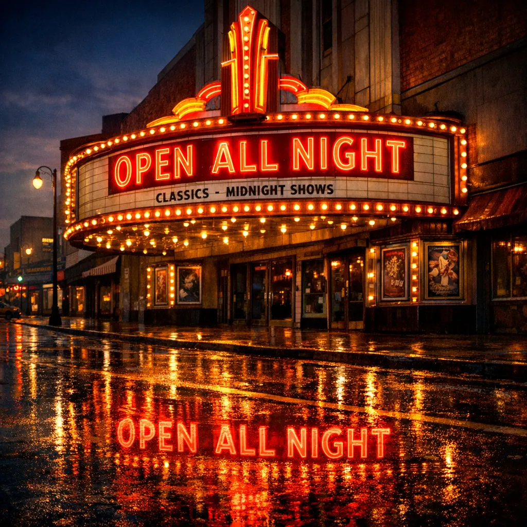 Riverflow 2.0 Pro: A vintage cinema marquee at dusk with the words OPEN ALL NIGHT in bold red letters, neon glow, wet street reflections