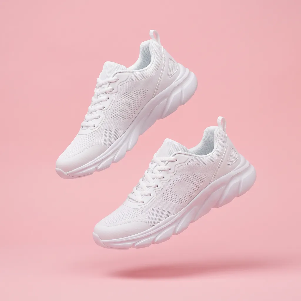 Riverflow 2.0 Pro: A pair of white running shoes floating mid-air over a pastel pink background, even studio lighting, catalogue shot