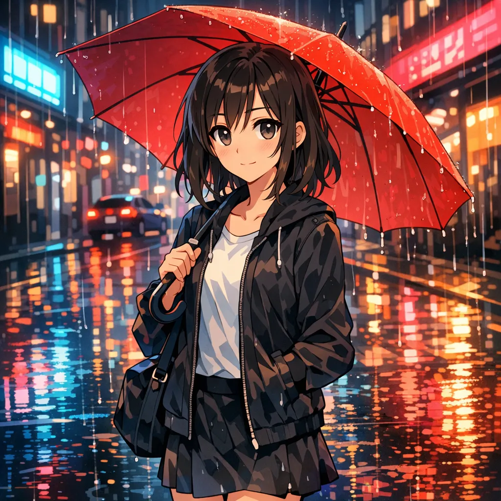Riverflow 2.0 Pro: Anime-style illustration of a young woman with a red umbrella standing on a rainy city street at night, cel shading, vibrant neon reflections