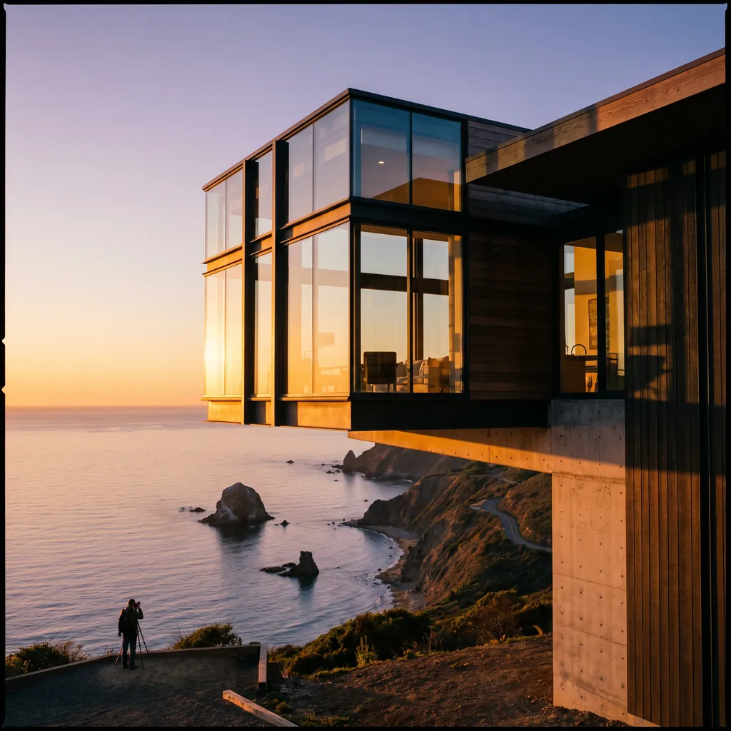 Riverflow 2.0 Pro: A modern glass house on a cliff at golden hour, long shadows, calm ocean below, architectural photography
