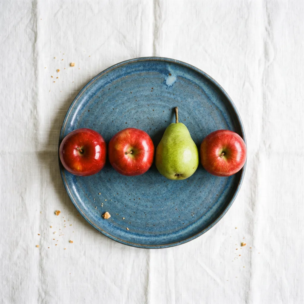 Riverflow 2.0 Pro: Three red apples and one green pear arranged in a single row on a blue plate, top-down view, white tablecloth