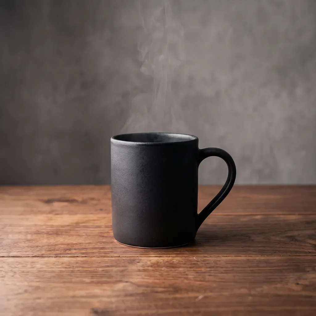 Riverflow 2.0 Pro: A matte black ceramic coffee mug on a walnut table, single soft light from the left, minimal studio backdrop, product photography