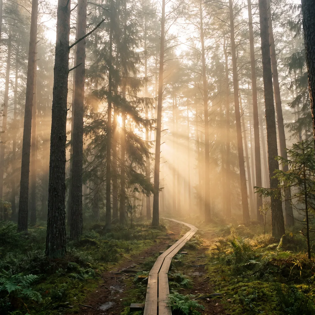 Riverflow 2.0 Pro: Misty pine forest at dawn with rays of light through the trees and a narrow wooden boardwalk, wide angle