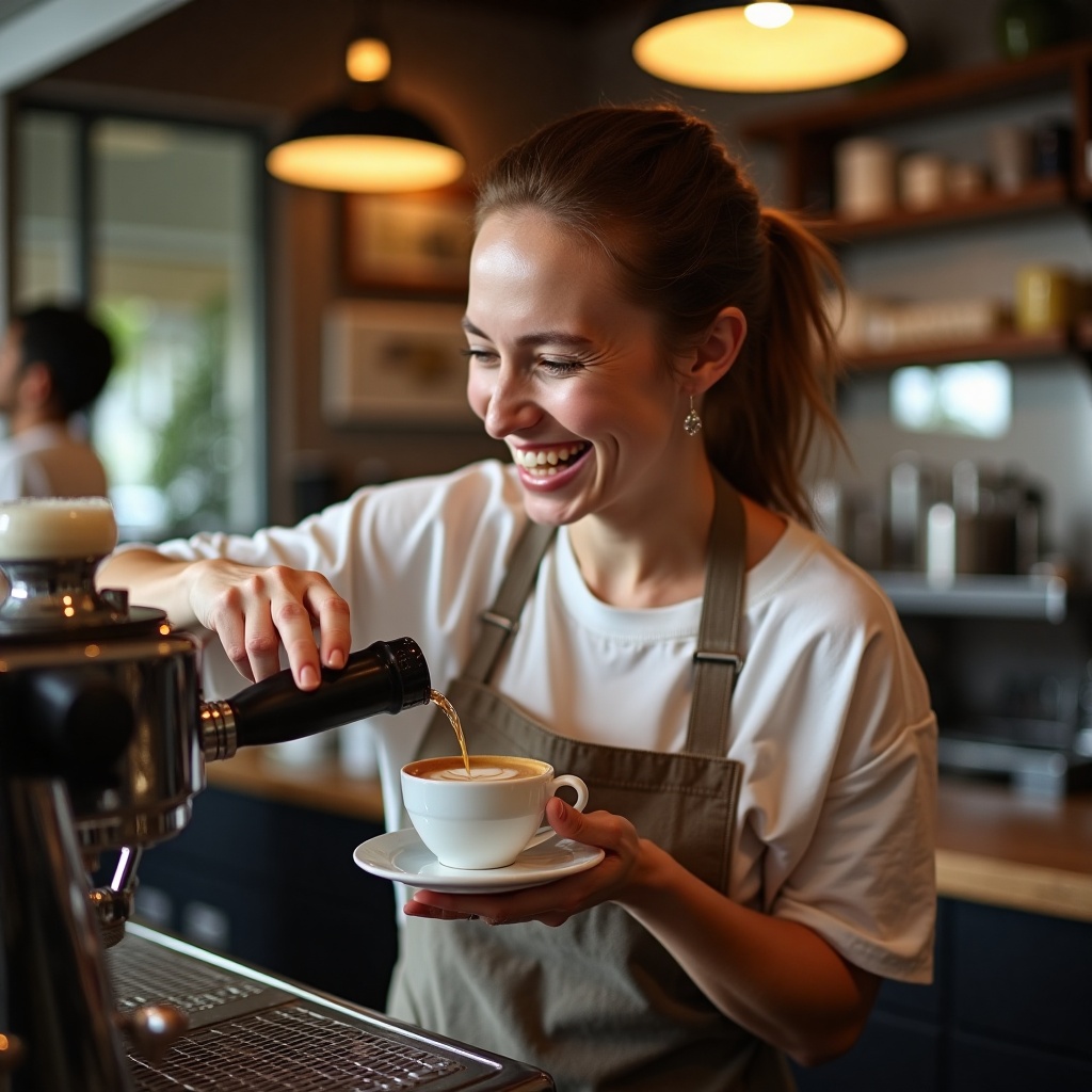 Luma Photon: A barista in a linen apron laughing while pouring latte art, warm cafe interior, shallow depth of field, candid editorial style