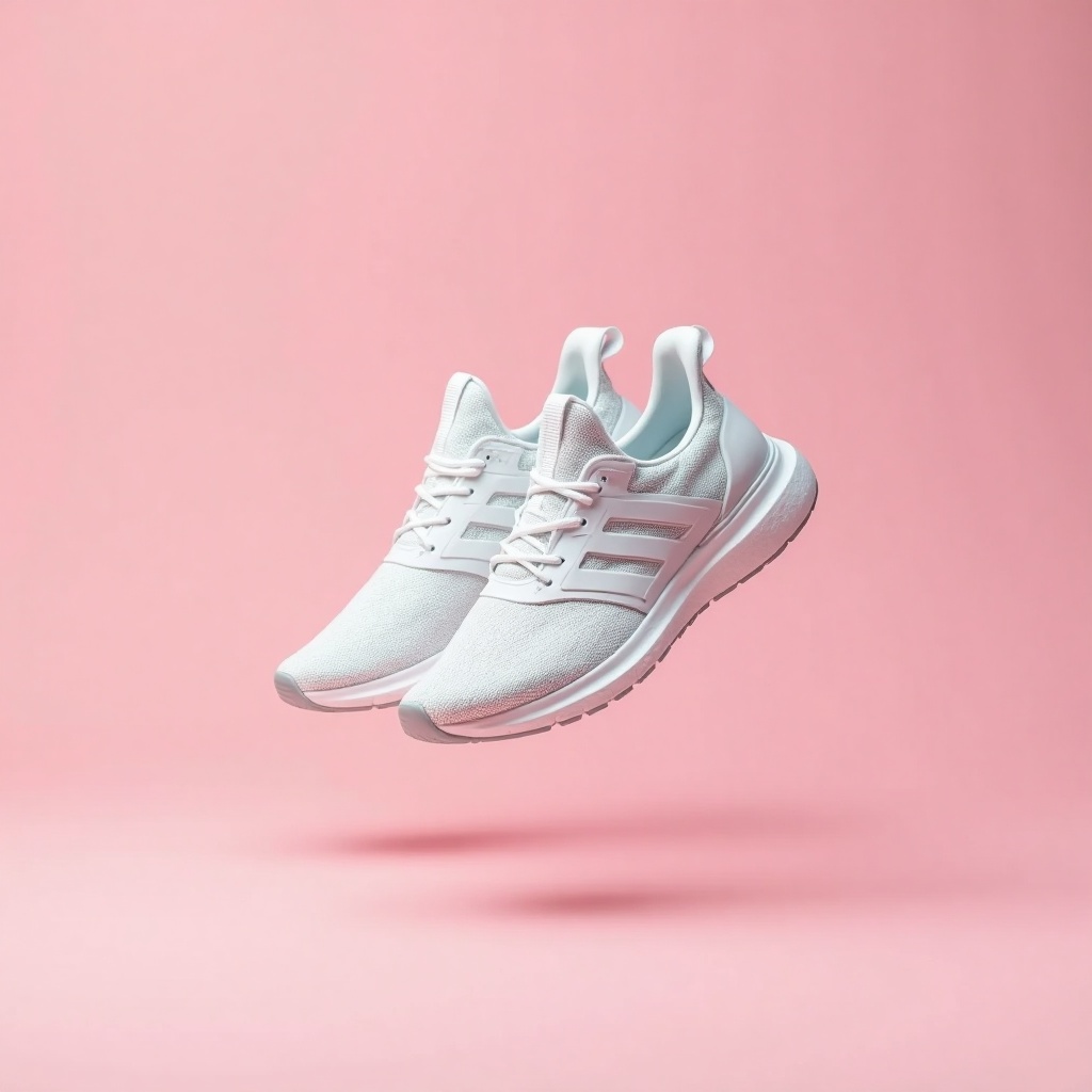 Luma Photon: A pair of white running shoes floating mid-air over a pastel pink background, even studio lighting, catalogue shot