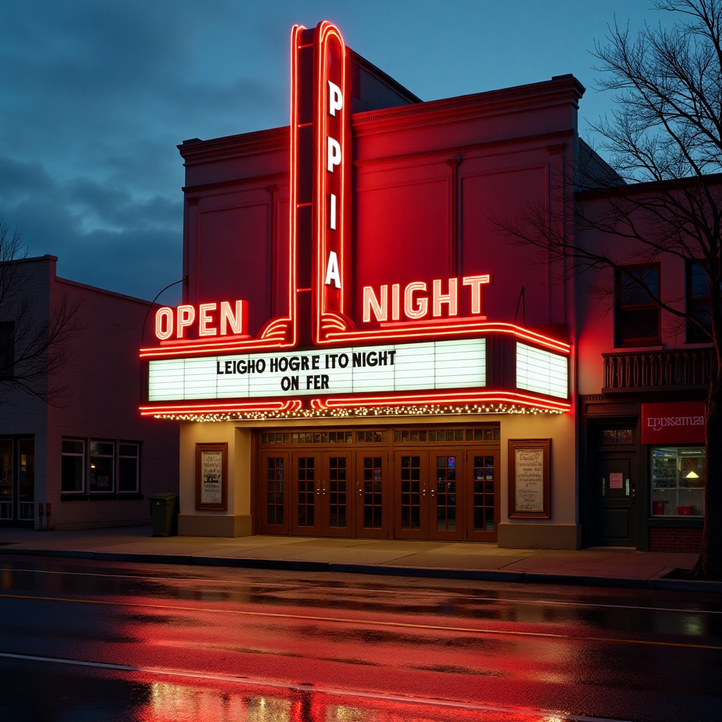Luma Photon: A vintage cinema marquee at dusk with the words OPEN ALL NIGHT in bold red letters, neon glow, wet street reflections