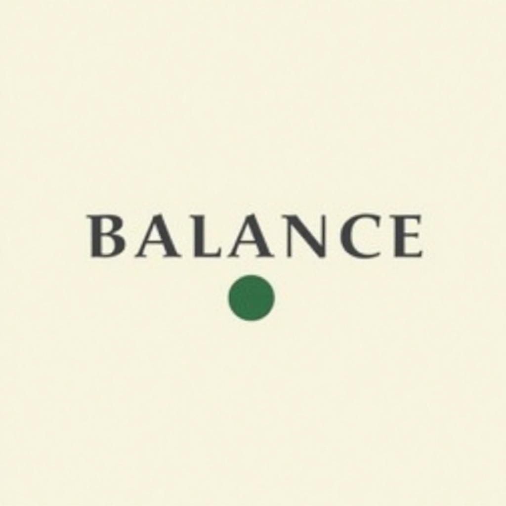 Luma Photon: A minimalist poster with the single word BALANCE in large serif type centred on cream paper, one small green circle below the word