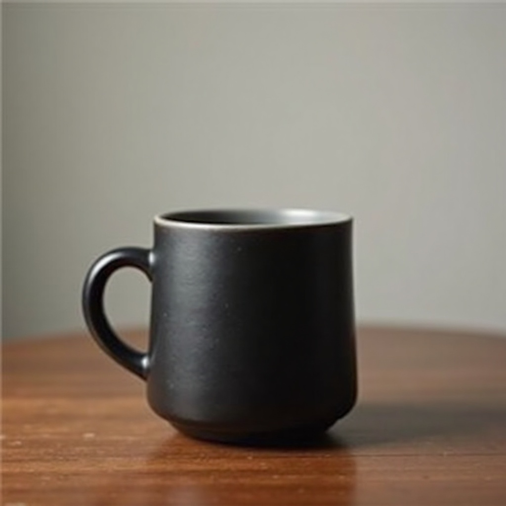 Luma Photon: A matte black ceramic coffee mug on a walnut table, single soft light from the left, minimal studio backdrop, product photography
