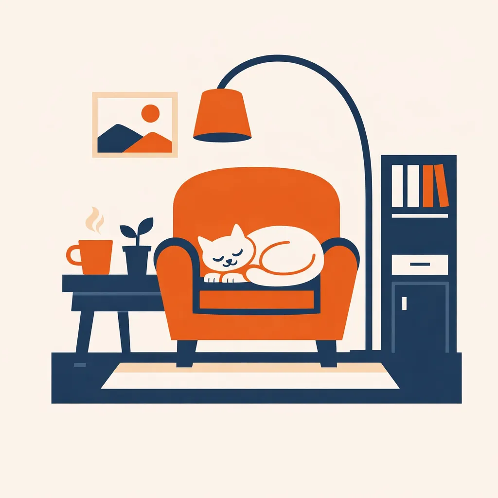 Riverflow 2.0 Pro: Flat vector illustration of a cosy reading nook with a cat asleep on an armchair, limited palette of four colours, clean geometric shapes