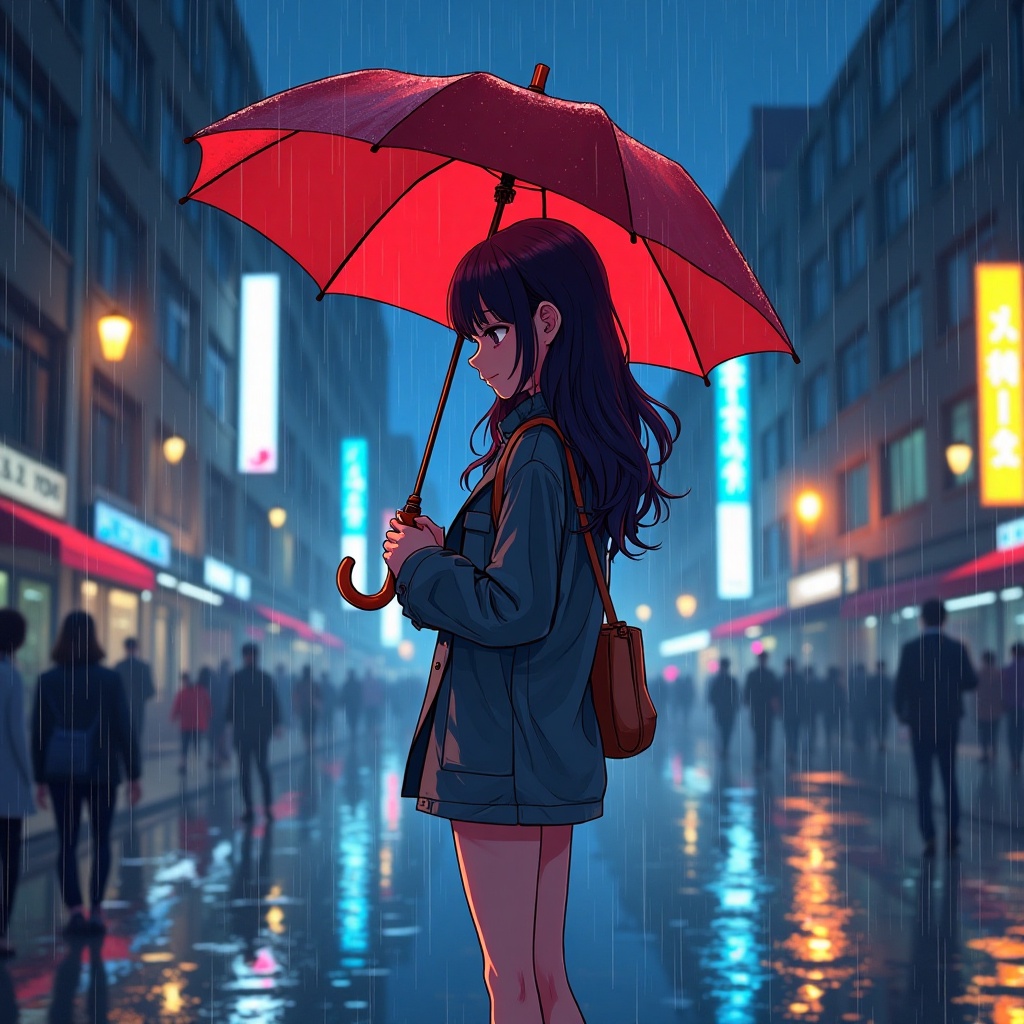 Luma Photon: Anime-style illustration of a young woman with a red umbrella standing on a rainy city street at night, cel shading, vibrant neon reflections