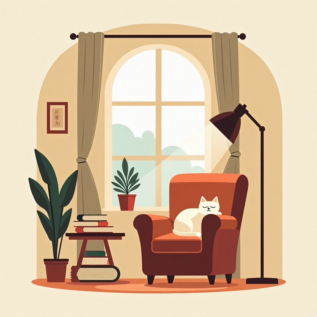Luma Photon: Flat vector illustration of a cosy reading nook with a cat asleep on an armchair, limited palette of four colours, clean geometric shapes