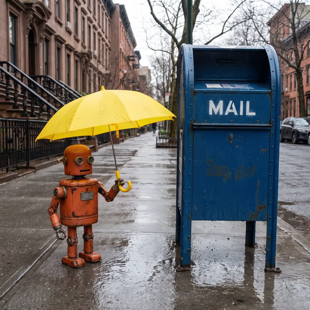 Riverflow 2.0 Pro: A small orange robot holding a yellow umbrella standing to the left of a tall blue mailbox, overcast day, photoreal