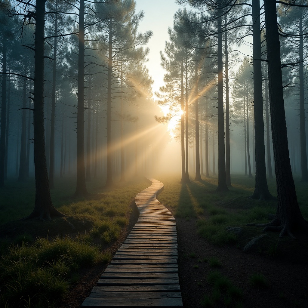 Luma Photon: Misty pine forest at dawn with rays of light through the trees and a narrow wooden boardwalk, wide angle