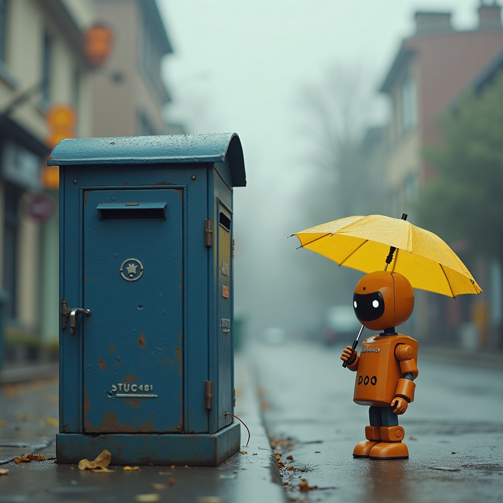 Luma Photon: A small orange robot holding a yellow umbrella standing to the left of a tall blue mailbox, overcast day, photoreal