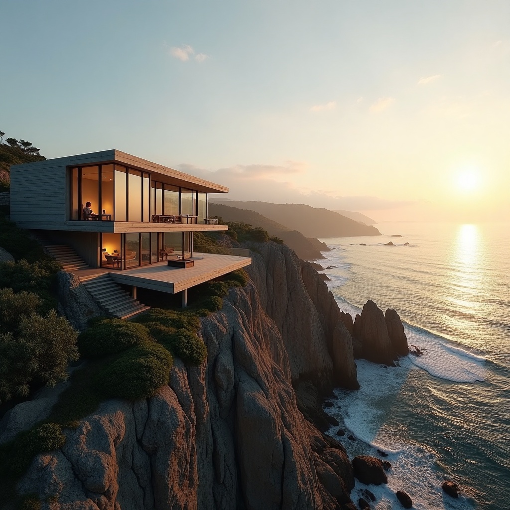 Luma Photon: A modern glass house on a cliff at golden hour, long shadows, calm ocean below, architectural photography