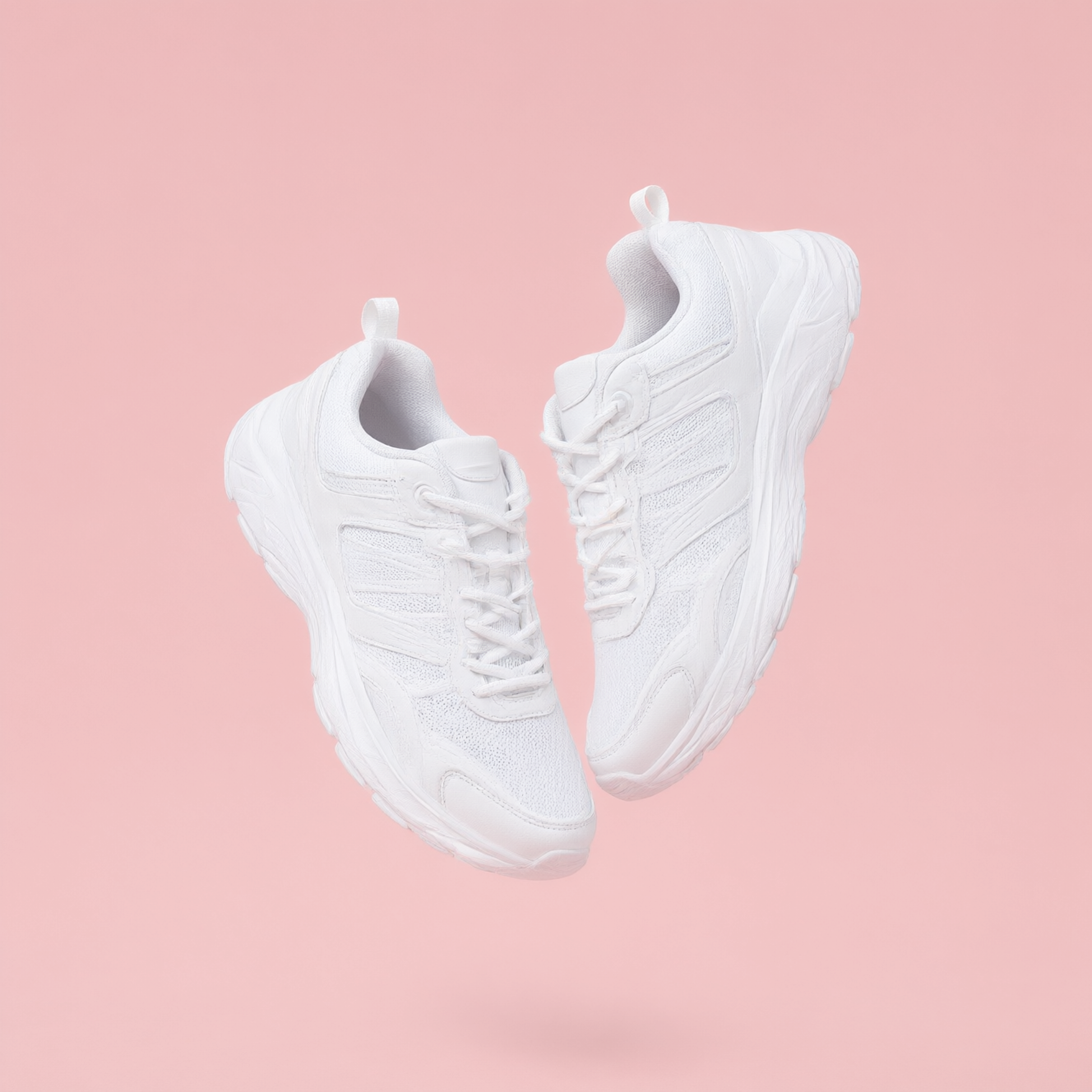 Qwen Image 3.0: A pair of white running shoes floating mid-air over a pastel pink background, even studio lighting, catalogue shot