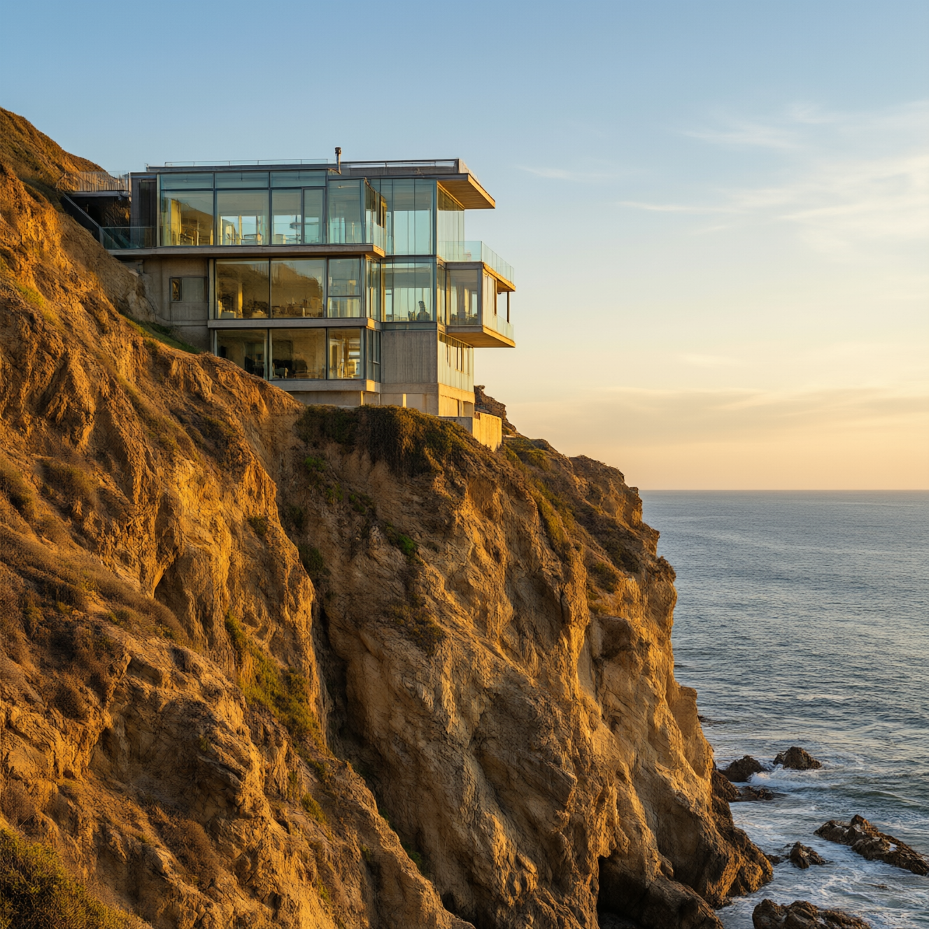 Qwen Image 3.0: A modern glass house on a cliff at golden hour, long shadows, calm ocean below, architectural photography