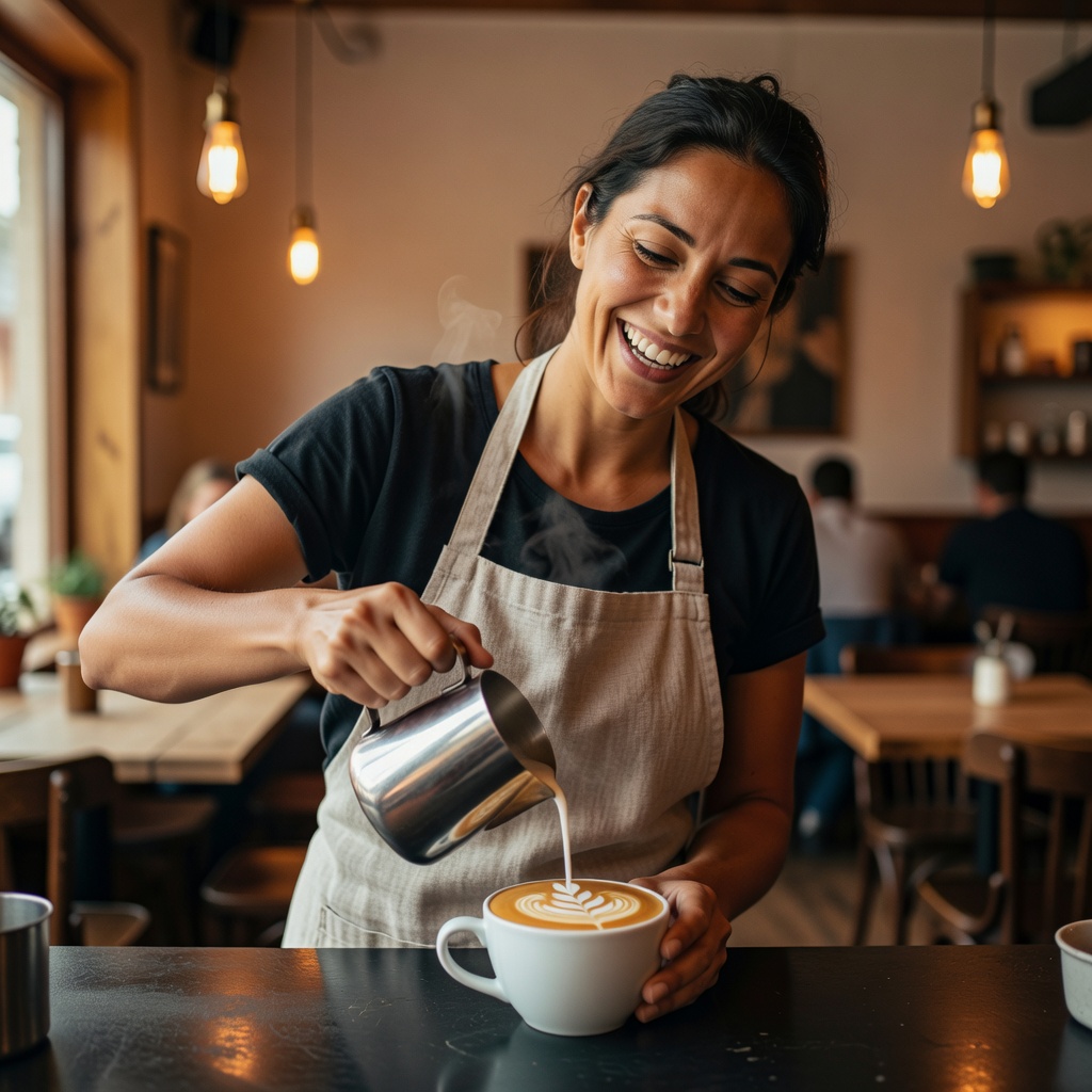 Grok Imagine: A barista in a linen apron laughing while pouring latte art, warm cafe interior, shallow depth of field, candid editorial style