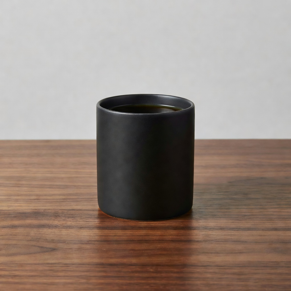 Grok Imagine: A matte black ceramic coffee mug on a walnut table, single soft light from the left, minimal studio backdrop, product photography