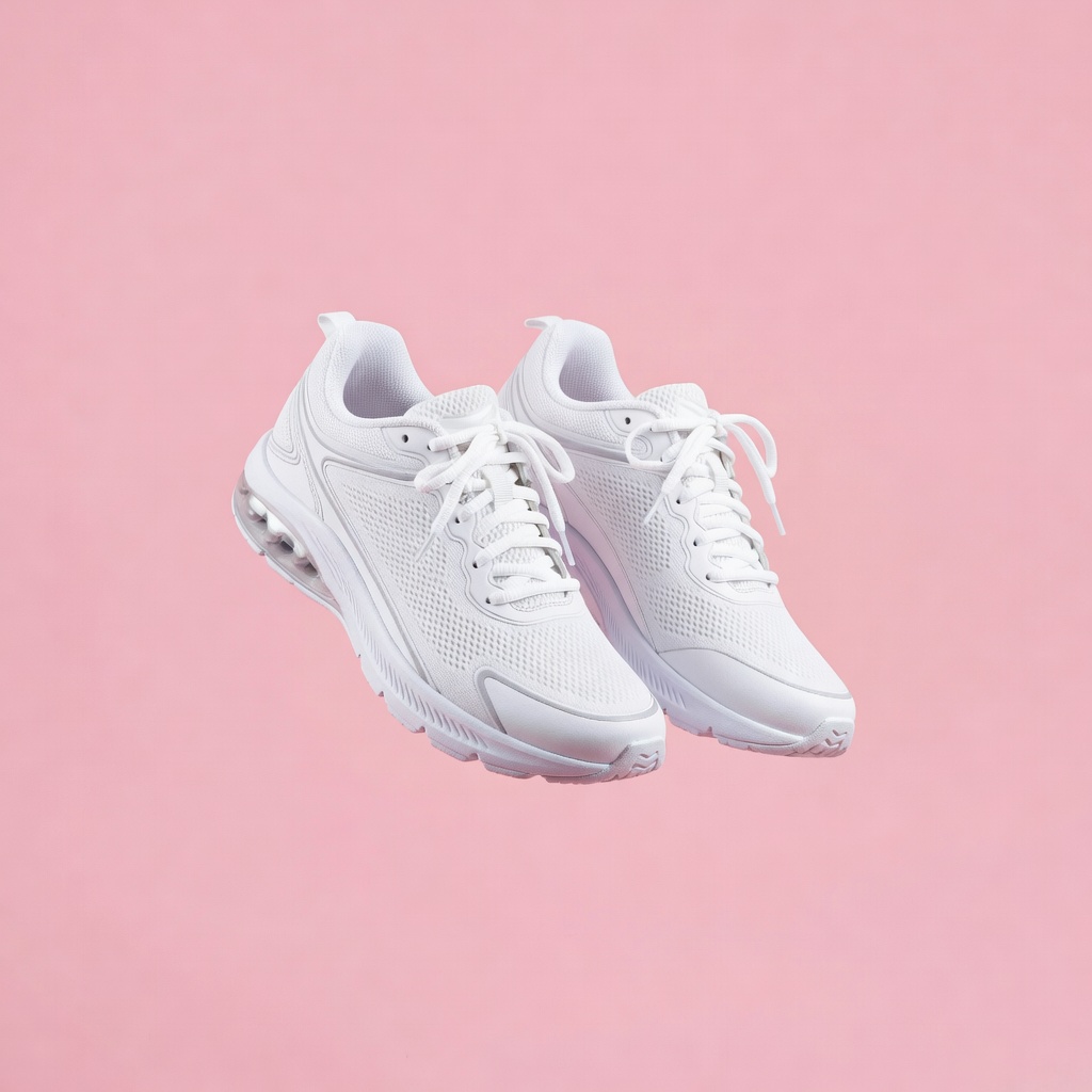 Grok Imagine: A pair of white running shoes floating mid-air over a pastel pink background, even studio lighting, catalogue shot