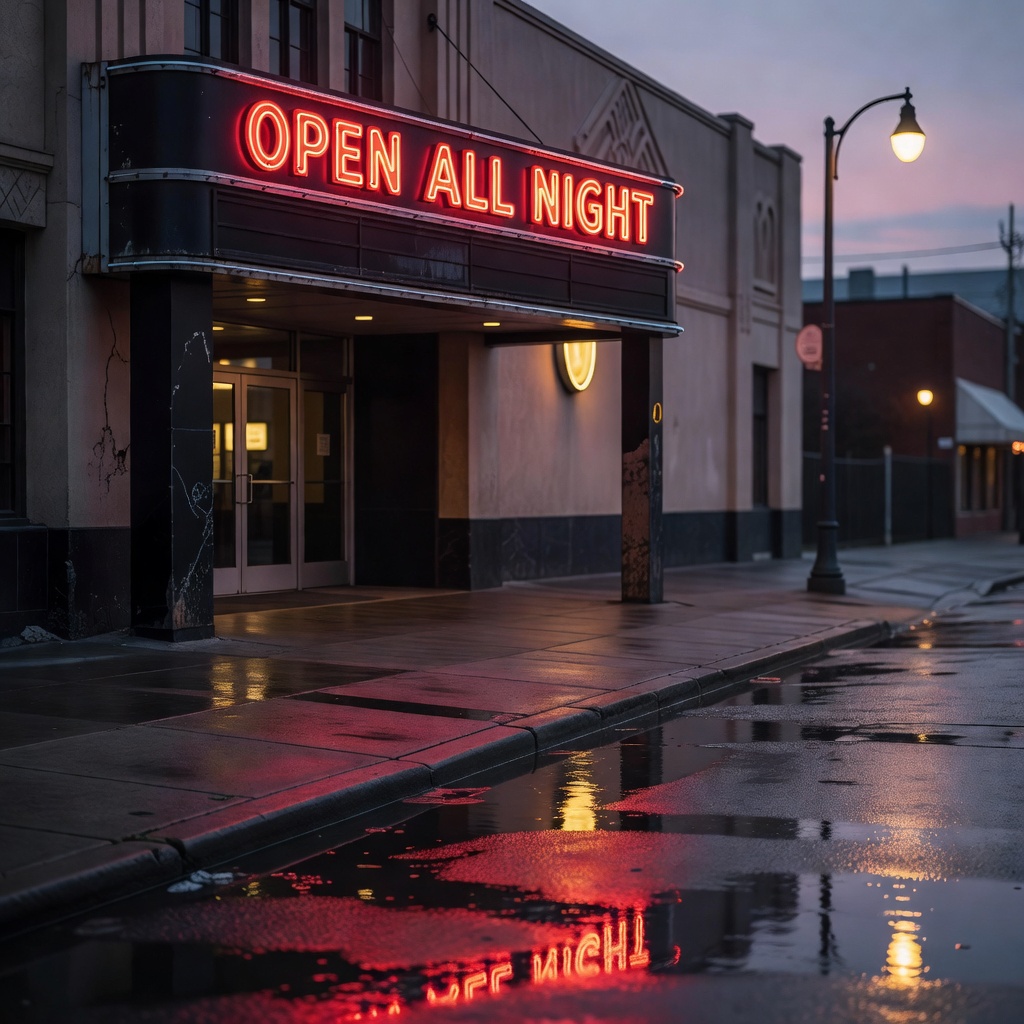 Grok Imagine: A vintage cinema marquee at dusk with the words OPEN ALL NIGHT in bold red letters, neon glow, wet street reflections