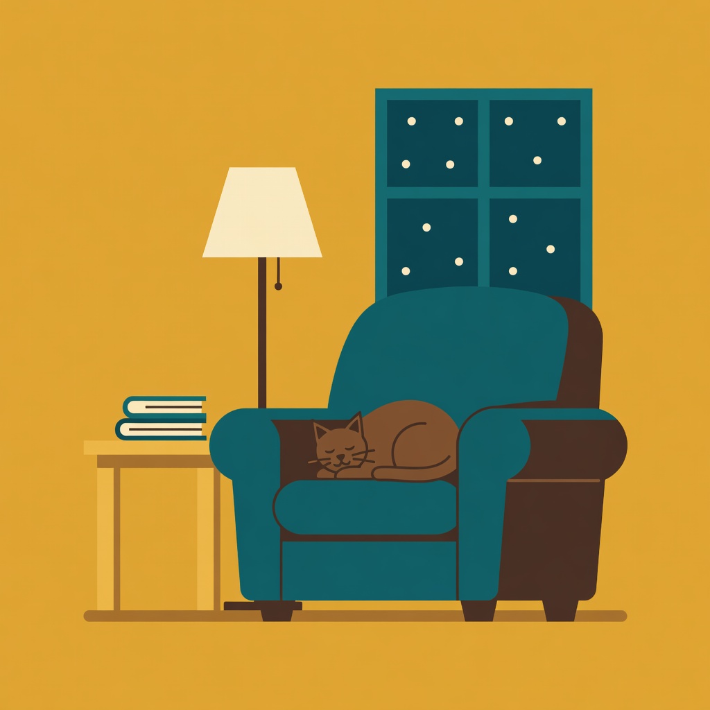 Grok Imagine: Flat vector illustration of a cosy reading nook with a cat asleep on an armchair, limited palette of four colours, clean geometric shapes