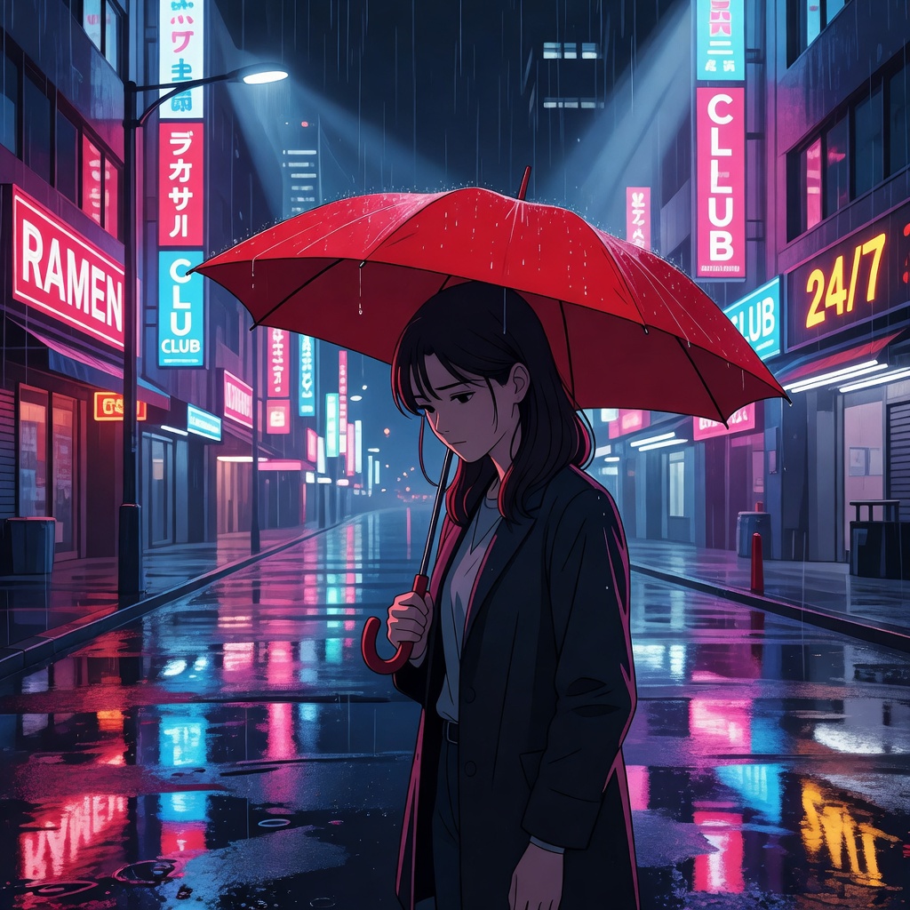 Grok Imagine: Anime-style illustration of a young woman with a red umbrella standing on a rainy city street at night, cel shading, vibrant neon reflections