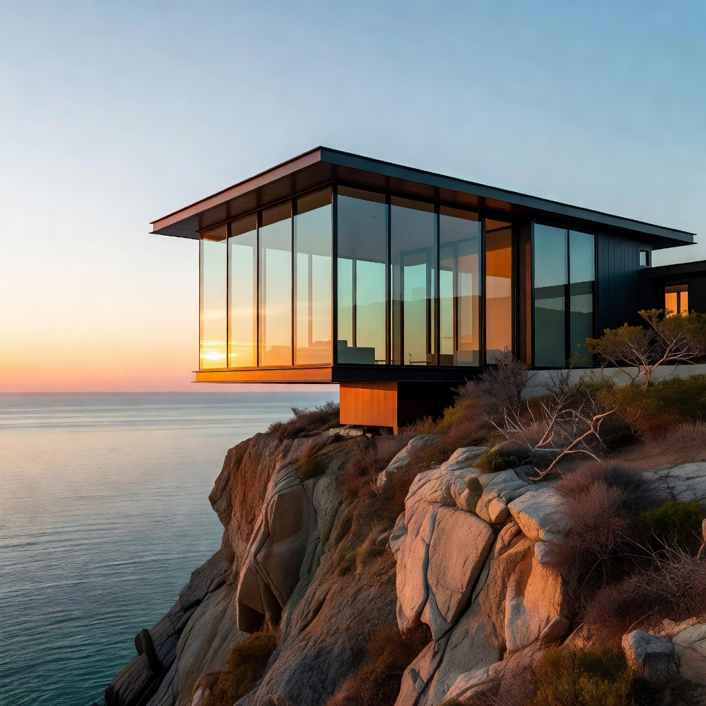 Grok Imagine: A modern glass house on a cliff at golden hour, long shadows, calm ocean below, architectural photography