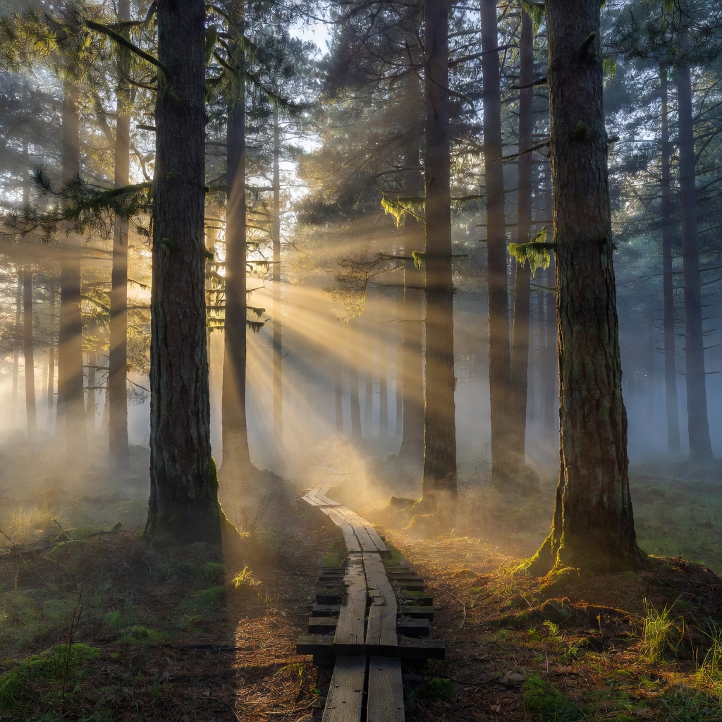 Grok Imagine: Misty pine forest at dawn with rays of light through the trees and a narrow wooden boardwalk, wide angle