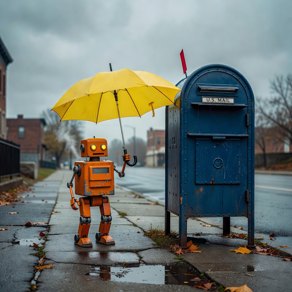 Grok Imagine: A small orange robot holding a yellow umbrella standing to the left of a tall blue mailbox, overcast day, photoreal