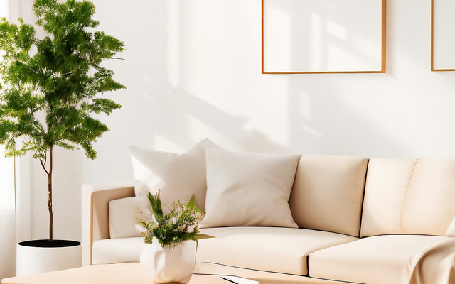 Interior upscaled by Pro Upscaler: Redrew the sofa, plant and wall art