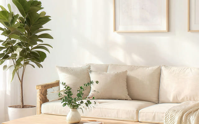 Interior upscaled by Crystal Upscaler: Same layout, sharp; the unreadable plant became a fiddle-leaf fig